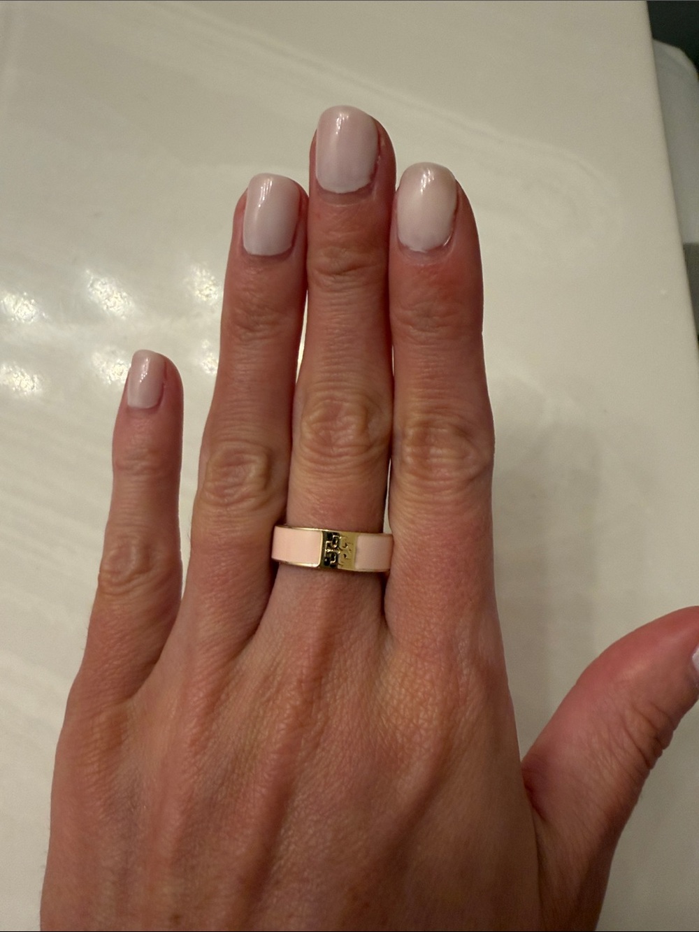 Gold Tone Pink Enamel Band Ring with Tory Burch Logo Accent - Women Jewelry